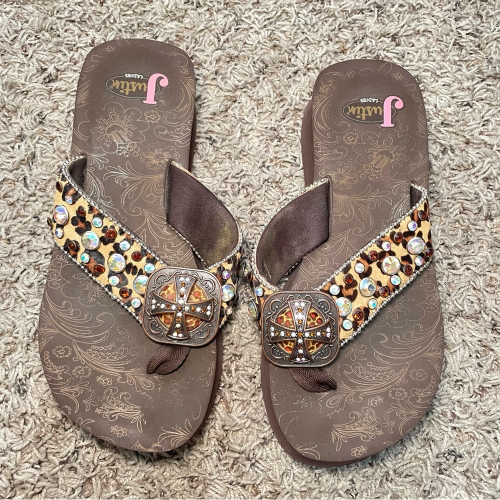 Justin Ladies Brown Rhinestone Bling Western‎ Wedge Flip Flops Sandals Size 8